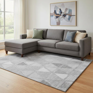 HomeRoots 9' X 12' Gray and Silver Geometric Area Rug - Washable, UV Protected, Modern Design for Busy Homes 657634