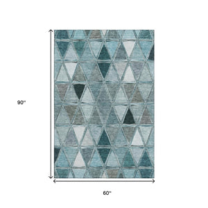 HomeRoots 5' Teal Gray and Ivory Geometric Area Rug - Washable, Stain Resistant, UV Protected for Busy Homes 657649