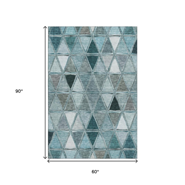HomeRoots 5' Teal Gray and Ivory Geometric Area Rug - Washable, Stain Resistant, UV Protected for Busy Homes 657649