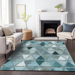 HomeRoots 5' Teal Gray and Ivory Geometric Area Rug - Washable, Stain Resistant, UV Protected for Busy Homes 657649