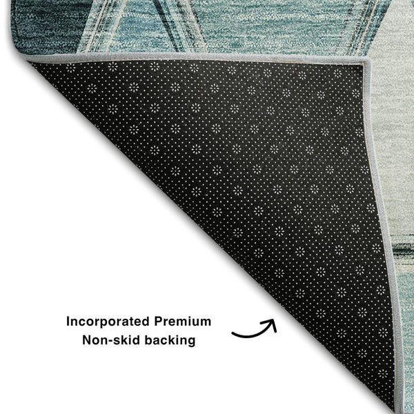 HomeRoots 5' Teal Gray and Ivory Geometric Area Rug - Washable, Stain Resistant, UV Protected for Busy Homes 657649
