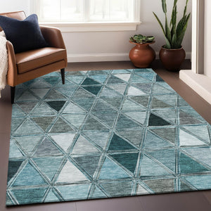 HomeRoots 5' Teal Gray and Ivory Geometric Area Rug - Washable, Stain Resistant, UV Protected for Busy Homes 657649