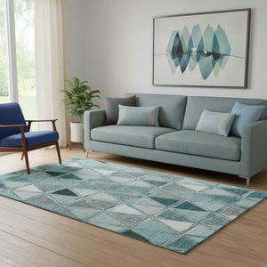 HomeRoots 5' Teal Gray and Ivory Geometric Area Rug - Washable, Stain Resistant, UV Protected for Busy Homes 657649