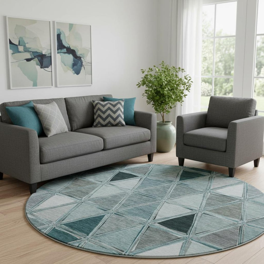 HomeRoots 8' Teal Gray and Ivory Geometric Round Rug - Washable, Stain-Resistant, UV Protected for Families 657650