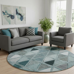 HomeRoots 8' Teal Gray and Ivory Geometric Round Rug - Washable, Stain-Resistant, UV Protected for Families 657650