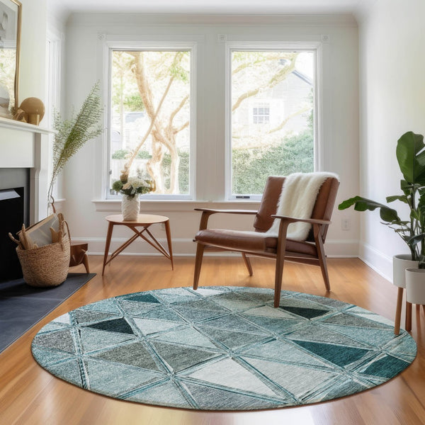 HomeRoots 8' Teal Gray and Ivory Geometric Round Rug - Washable, Stain-Resistant, UV Protected for Families 657650