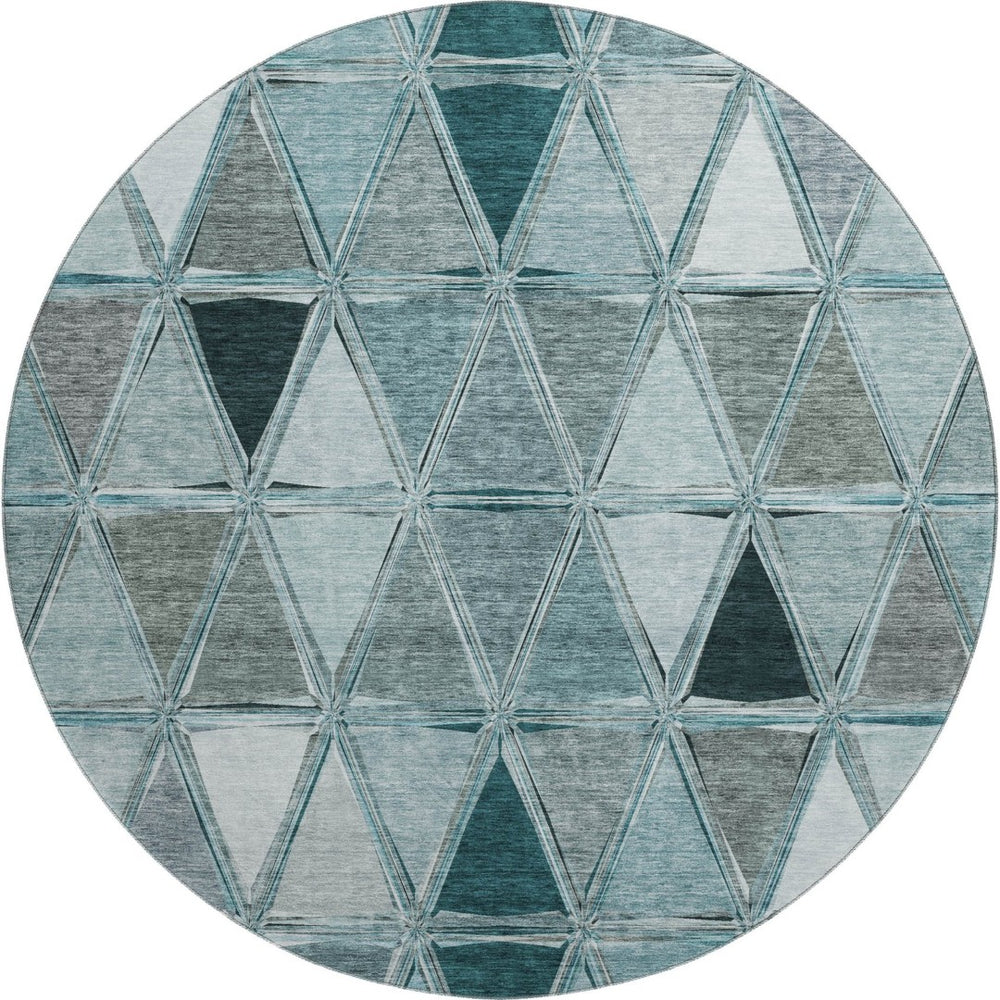 HomeRoots 8' Teal Gray and Ivory Geometric Round Rug - Washable, Stain-Resistant, UV Protected for Families 657650