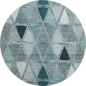 HomeRoots 8' Teal Gray and Ivory Geometric Round Rug - Washable, Stain-Resistant, UV Protected for Families 657650