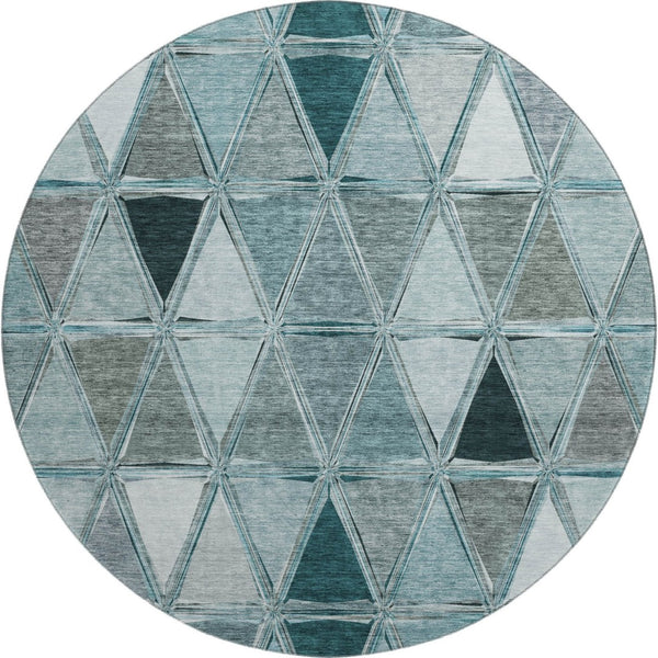 HomeRoots 8' Teal Gray and Ivory Geometric Round Rug - Washable, Stain-Resistant, UV Protected for Families 657650