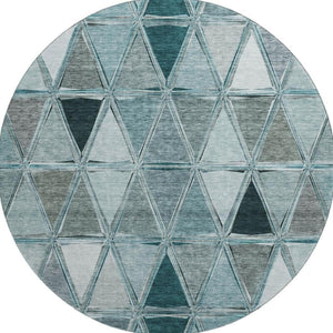 HomeRoots 8' Teal Gray and Ivory Geometric Round Rug - Washable, Stain-Resistant, UV Protected for Families 657650