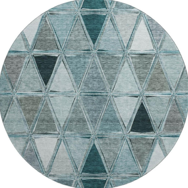 HomeRoots 8' Teal Gray and Ivory Geometric Round Rug - Washable, Stain-Resistant, UV Protected for Families 657650