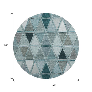 HomeRoots 8' Teal Gray and Ivory Geometric Round Rug - Washable, Stain-Resistant, UV Protected for Families 657650