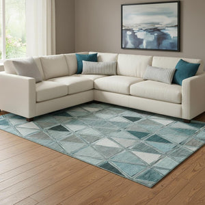 HomeRoots 8' X 10' Teal Gray Ivory Geometric Area Rug - Washable, UV Protected, Durable & Stylish for Homes 657651