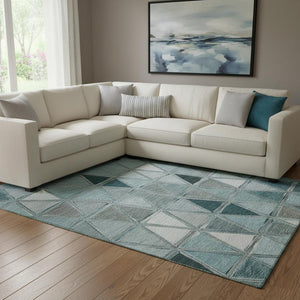 HomeRoots 9' X 12' Washable Teal Gray Ivory Geometric Area Rug - Durable, Stain-Resistant, UV Protected Design 657652