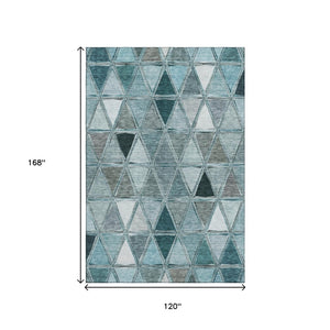 HomeRoots 10' X 14' Teal Gray Ivory Geometric Area Rug – Washable, UV-Protected, Stain-Resistant for Family Homes 657653