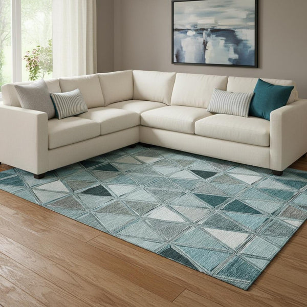 HomeRoots 10' X 14' Teal Gray Ivory Geometric Area Rug – Washable, UV-Protected, Stain-Resistant for Family Homes 657653