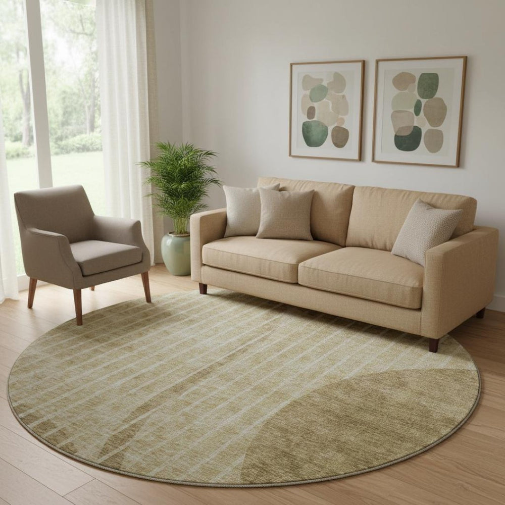 HomeRoots 8' Brown and Ivory Striped Washable Round Rug - Durable, UV-Protected, Easy-Care Design for Any Space 657656