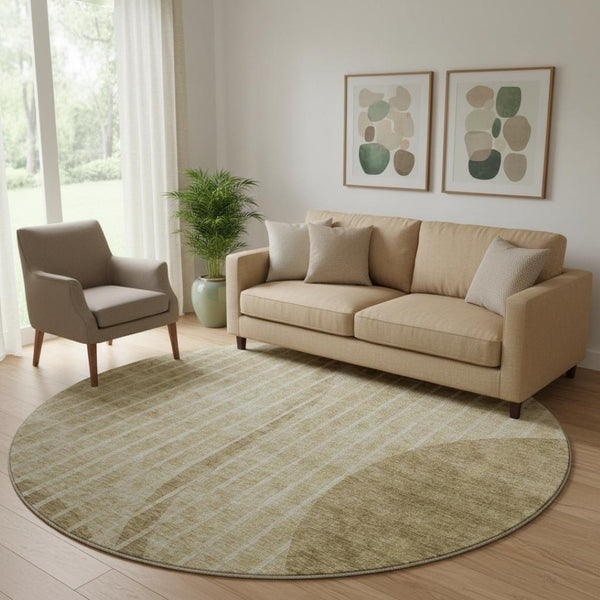HomeRoots 8' Brown and Ivory Striped Washable Round Rug - Durable, UV-Protected, Easy-Care Design for Any Space 657656