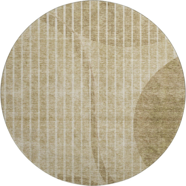 HomeRoots 8' Brown and Ivory Striped Washable Round Rug - Durable, UV-Protected, Easy-Care Design for Any Space 657656