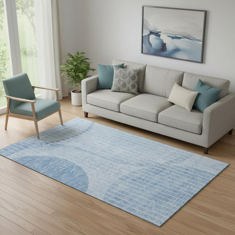 HomeRoots 5' X 8' Striped Area Rug in Blue and Ivory – Washable, UV-Protected, Perfect for Coastal Homes! 657661