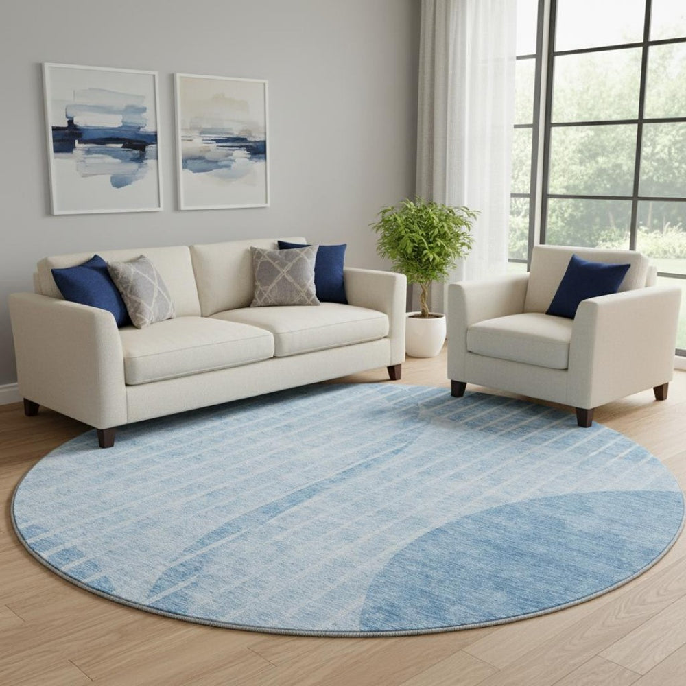 HomeRoots 8' Blue And Ivory Striped Washable Round Rug – Coastal Charm with UV Protection & Easy Care Qualities 657662
