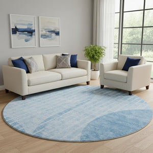 HomeRoots 8' Blue And Ivory Striped Washable Round Rug – Coastal Charm with UV Protection & Easy Care Qualities 657662