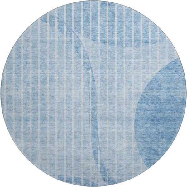 HomeRoots 8' Blue And Ivory Striped Washable Round Rug – Coastal Charm with UV Protection & Easy Care Qualities 657662