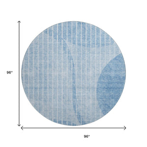 HomeRoots 8' Blue And Ivory Striped Washable Round Rug – Coastal Charm with UV Protection & Easy Care Qualities 657662