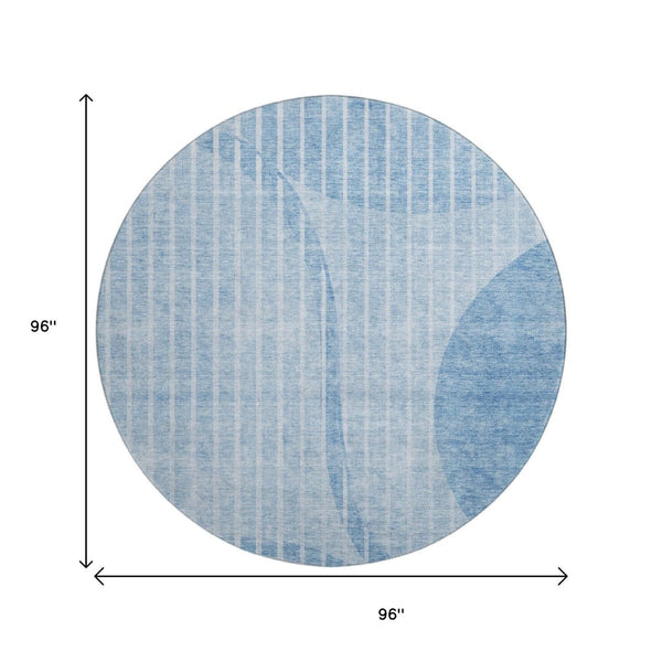 HomeRoots 8' Blue And Ivory Striped Washable Round Rug – Coastal Charm with UV Protection & Easy Care Qualities 657662