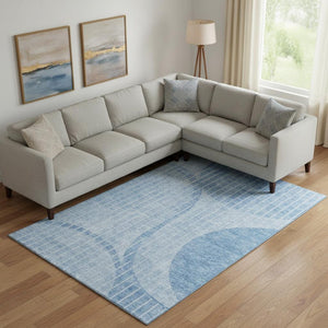 HomeRoots 8' X 10' Stylish Blue and Ivory Striped Washable Area Rug with UV Protection for High-Traffic Spaces 657663