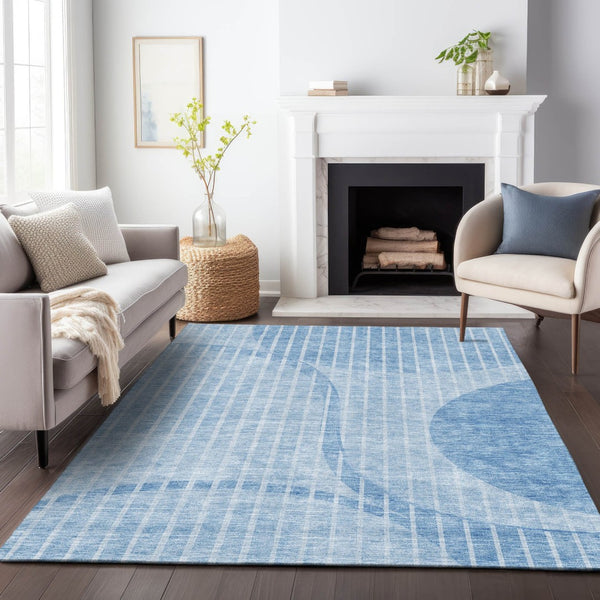 HomeRoots 9' X 12' Durable Blue & Ivory Striped Area Rug – Washable, UV Protected, Stain Resistant Design 657664