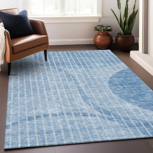 HomeRoots 9' X 12' Durable Blue & Ivory Striped Area Rug – Washable, UV Protected, Stain Resistant Design 657664