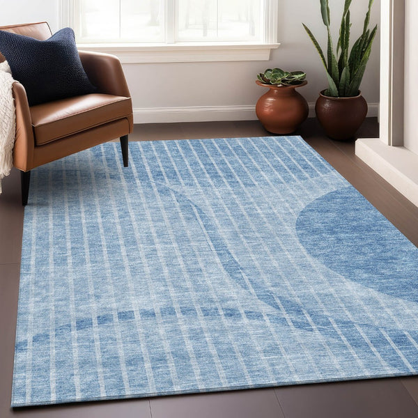 HomeRoots 9' X 12' Durable Blue & Ivory Striped Area Rug – Washable, UV Protected, Stain Resistant Design 657664