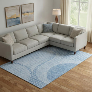 HomeRoots 9' X 12' Durable Blue & Ivory Striped Area Rug – Washable, UV Protected, Stain Resistant Design 657664