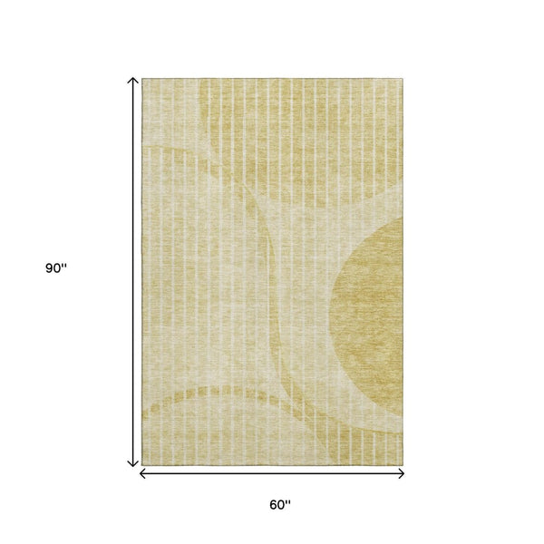 HomeRoots 5' X 8' Washable Gold and Ivory Striped Area Rug with UV Protection for High-Traffic Spaces & Style 657667