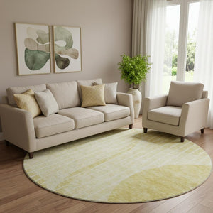 HomeRoots 8' Washable Round Rug with Gold and Ivory Stripes - UV Protection, Durable, Stylish for Any Space 657668