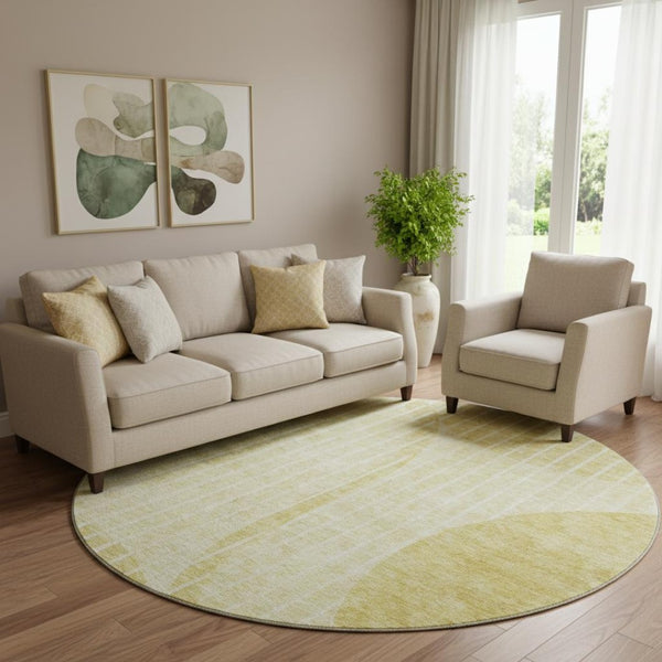 HomeRoots 8' Washable Round Rug with Gold and Ivory Stripes - UV Protection, Durable, Stylish for Any Space 657668