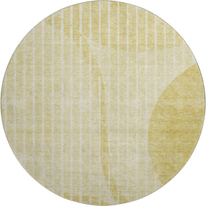 HomeRoots 8' Washable Round Rug with Gold and Ivory Stripes - UV Protection, Durable, Stylish for Any Space 657668