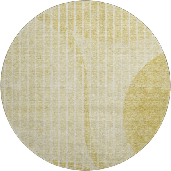 HomeRoots 8' Washable Round Rug with Gold and Ivory Stripes - UV Protection, Durable, Stylish for Any Space 657668