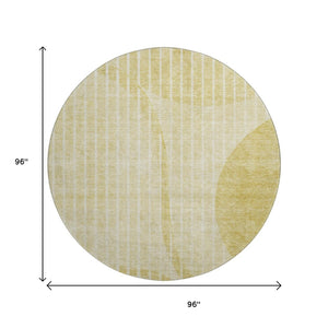 HomeRoots 8' Washable Round Rug with Gold and Ivory Stripes - UV Protection, Durable, Stylish for Any Space 657668