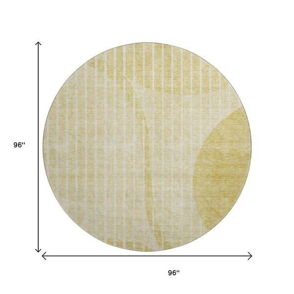 HomeRoots 8' Washable Round Rug with Gold and Ivory Stripes - UV Protection, Durable, Stylish for Any Space 657668