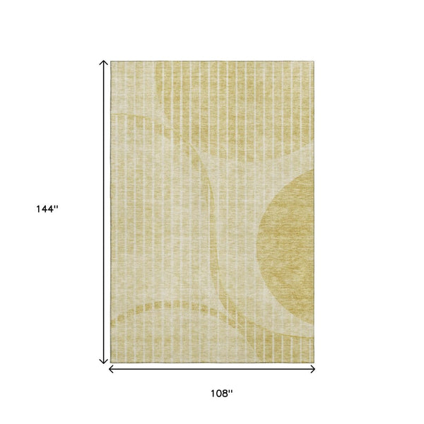 HomeRoots 9' X 12' Gold and Ivory Striped Area Rug - Washable, Stain-Resistant, UV-Protected for Family Homes 657670