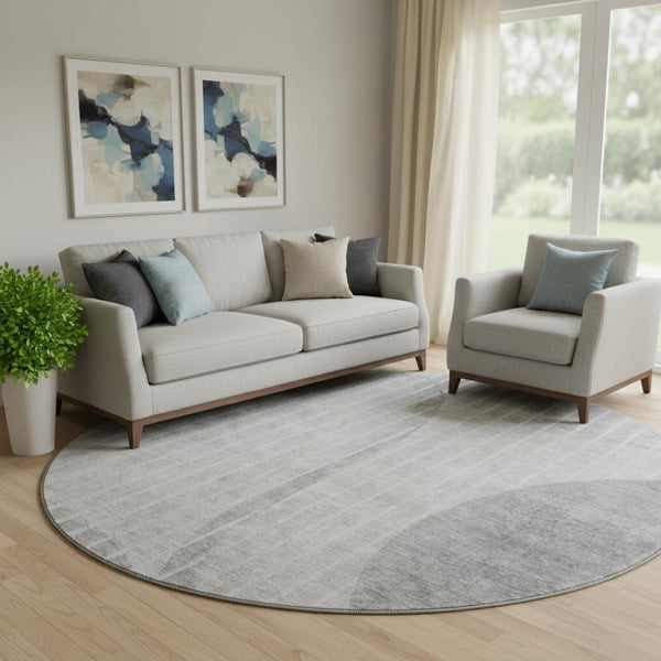 HomeRoots 8' Gray And Ivory Striped Washable Round Rug With UV Protection - Durable, Stylish, Stain Resistant Design! 657674