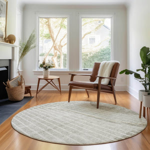 HomeRoots 8' Taupe and Ivory Striped Round Rug - Washable, UV Protected, Durable for Homes with Kids & Pets 657680