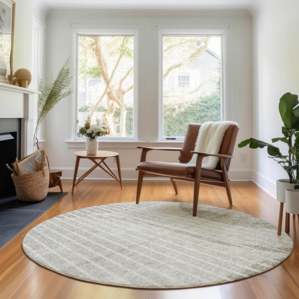 HomeRoots 8' Taupe and Ivory Striped Round Rug - Washable, UV Protected, Durable for Homes with Kids & Pets 657680