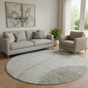 HomeRoots 8' Taupe and Ivory Striped Round Rug - Washable, UV Protected, Durable for Homes with Kids & Pets 657680