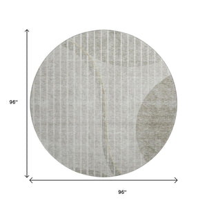 HomeRoots 8' Taupe and Ivory Striped Round Rug - Washable, UV Protected, Durable for Homes with Kids & Pets 657680