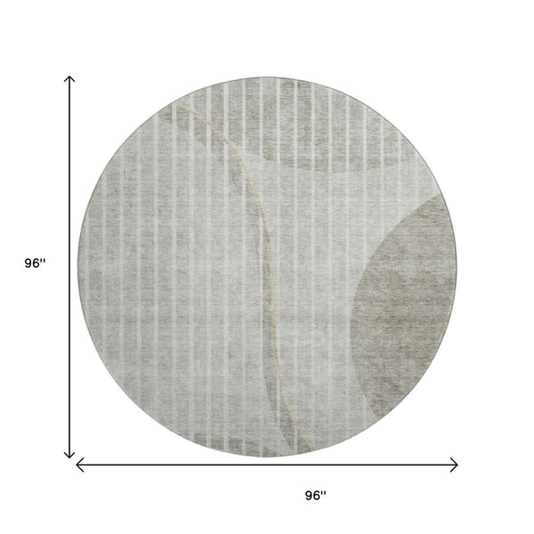 HomeRoots 8' Taupe and Ivory Striped Round Rug - Washable, UV Protected, Durable for Homes with Kids & Pets 657680