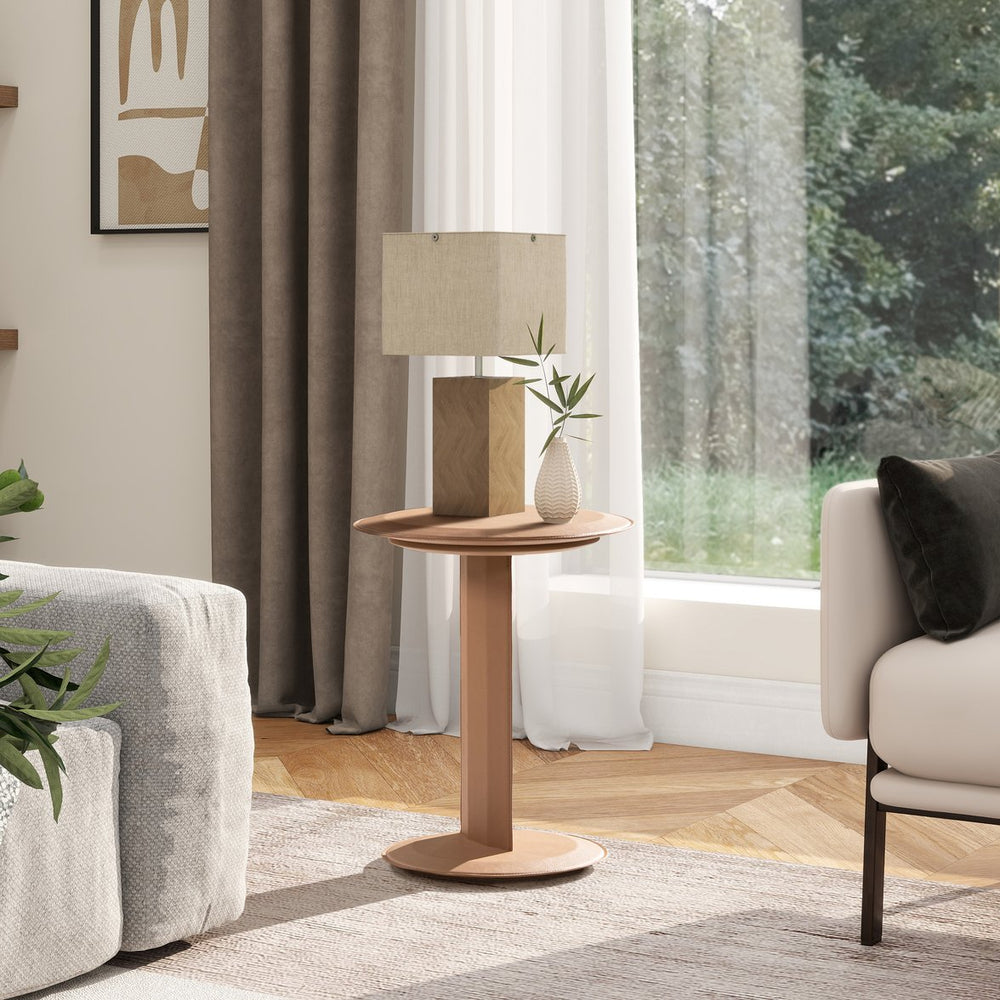 English Elm Jennifer Taylor Home - Mode Saddle Brown 18" Leatherette C-Shape Sofa Side Table — Upholstered, Modern, Easy-Clean Surface B2719P246001