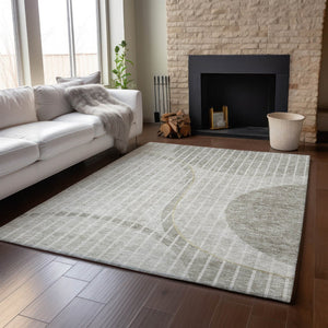 HomeRoots 9' X 12' Stylish Taupe & Ivory Striped Washable Area Rug with UV Protection for Any Home Décor 657682